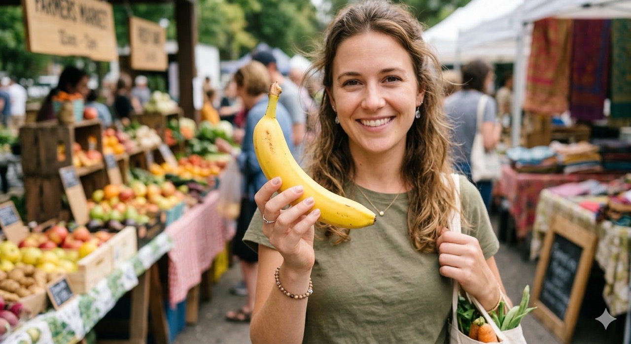 Woman holding a banana at a market
