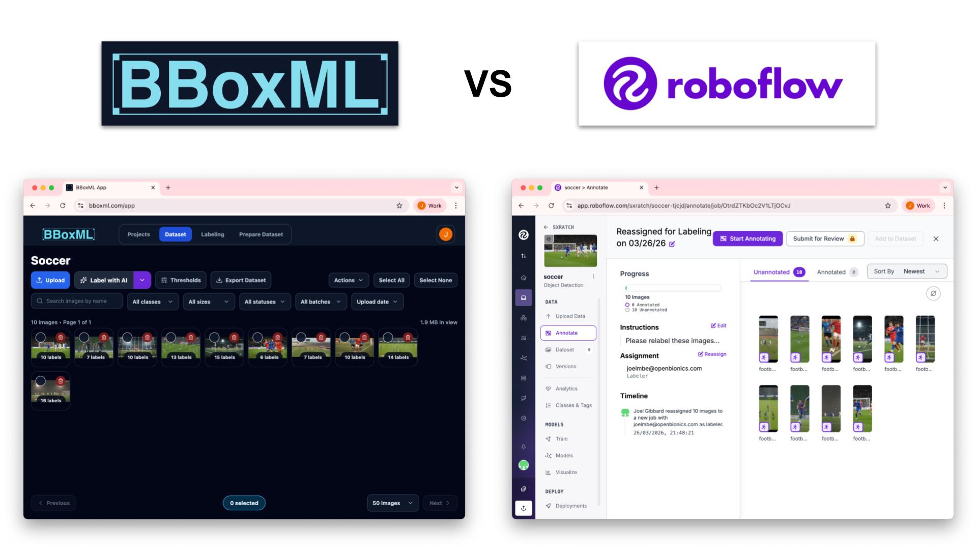 BBoxML vs Roboflow comparison header showing both interfaces side by side