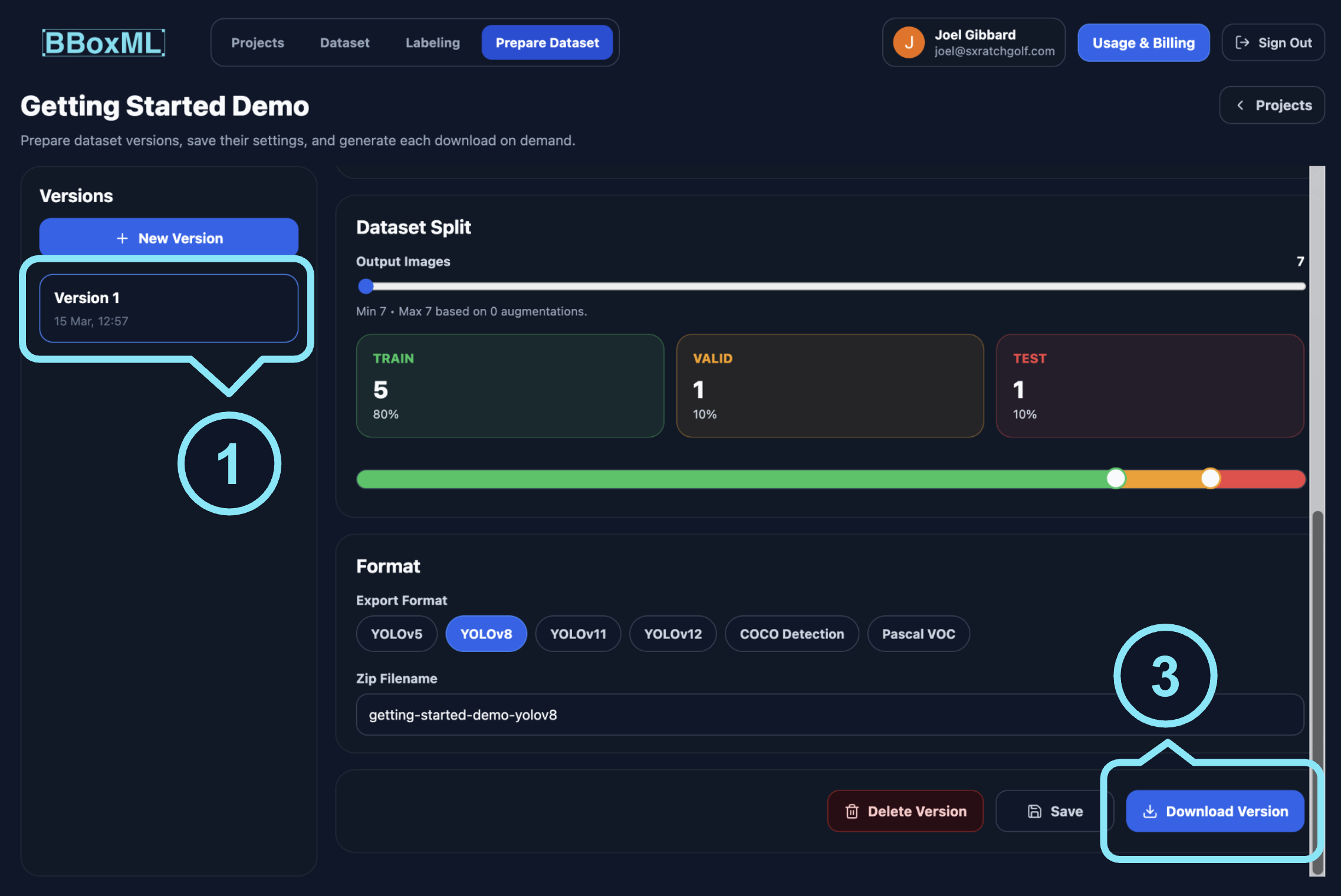 BBoxML Prepare Dataset view with a saved version and Download Version button.